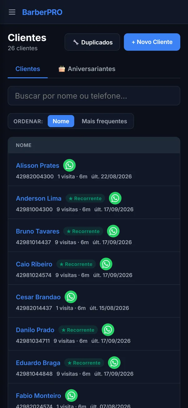 Lista de clientes do BarberPRO com telefone, número de visitas e botão de WhatsApp