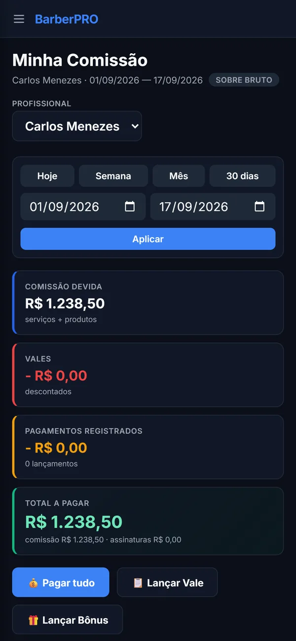 Tela de comissão do BarberPRO com o valor devido ao profissional e o total a pagar